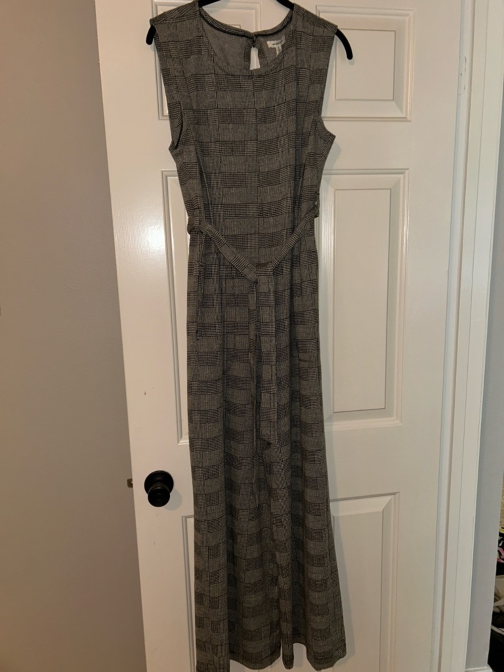Max Studio Black and Gray Plaid Sleeveless Jumpsuit with Waist Tie